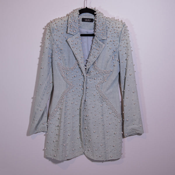 Akira Alix Faux Pearl Stone Beaded Embellished Cotton Denim Blazer Jacket Dress