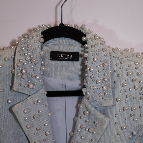 Akira Alix Faux Pearl Stone Beaded Embellished Cotton Denim Blazer Jacket Dress