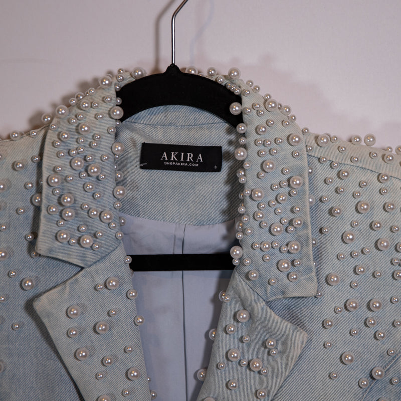 Akira Alix Faux Pearl Stone Beaded Embellished Cotton Denim Blazer Jacket Dress