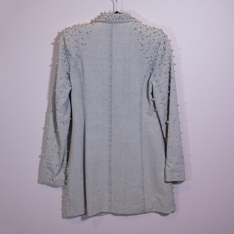 Akira Alix Faux Pearl Stone Beaded Embellished Cotton Denim Blazer Jacket Dress