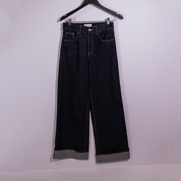 Zara Cotton Extreme Cuffed Hem Wide Leg High Waisted Denim Jeans Navy Blue 0