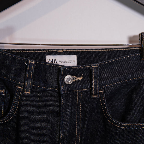 Zara Cotton Extreme Cuffed Hem Wide Leg High Waisted Denim Jeans Navy Blue 0