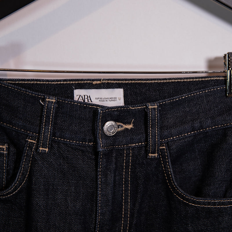 Zara Cotton Extreme Cuffed Hem Wide Leg High Waisted Denim Jeans Navy Blue 0