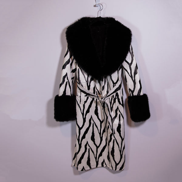 Boutique Faux Vegan Leather Fur Trim Zebra Animal Print Pattern Trench Coat S
