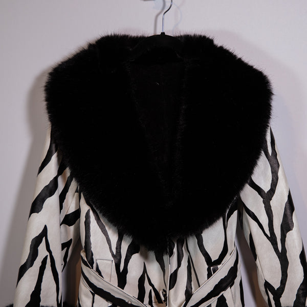 Boutique Faux Vegan Leather Fur Trim Zebra Animal Print Pattern Trench Coat S