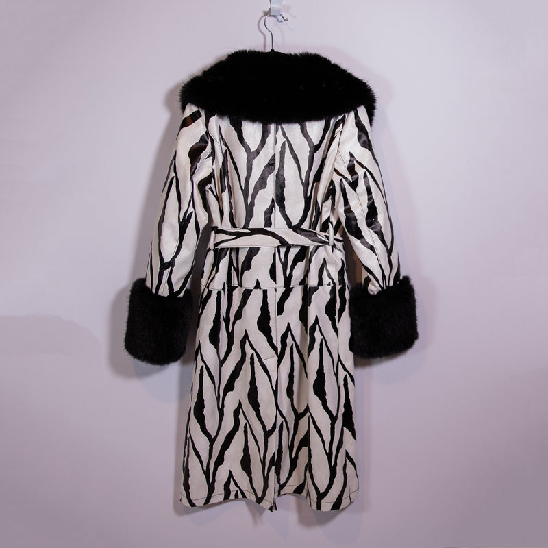 Boutique Faux Vegan Leather Fur Trim Zebra Animal Print Pattern Trench Coat S