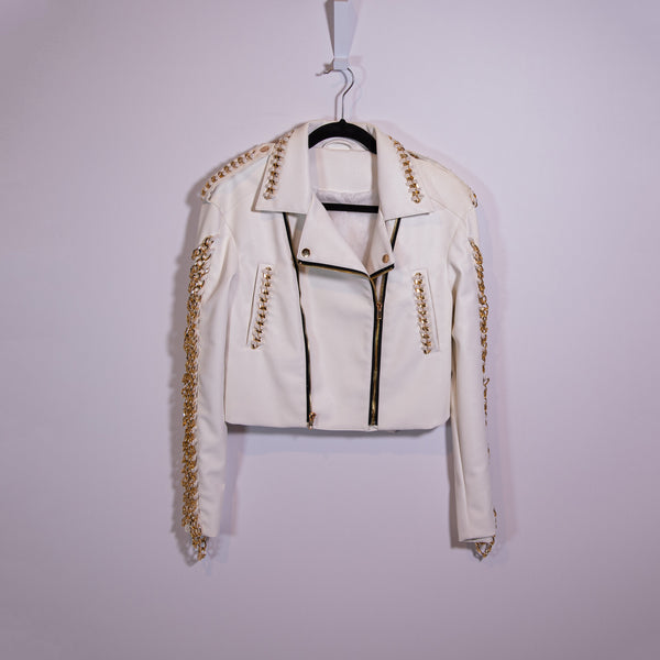 Boutique Faux Vegan Leather Gold Metal Chain Link Asymmetrical Zip Jacket White