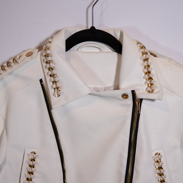 Boutique Faux Vegan Leather Gold Metal Chain Link Asymmetrical Zip Jacket White