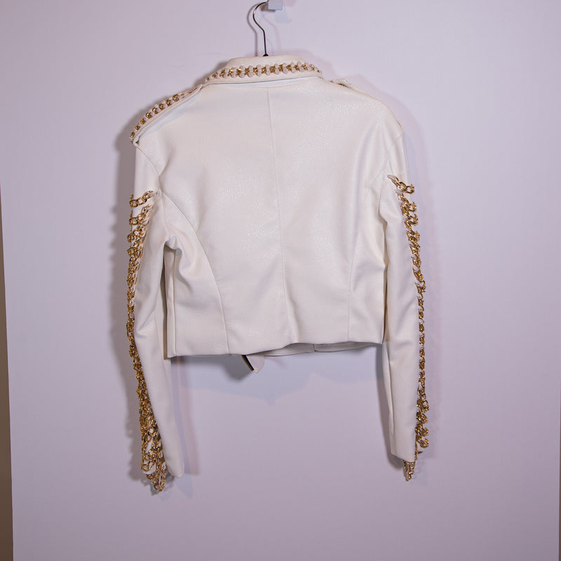 Boutique Faux Vegan Leather Gold Metal Chain Link Asymmetrical Zip Jacket White