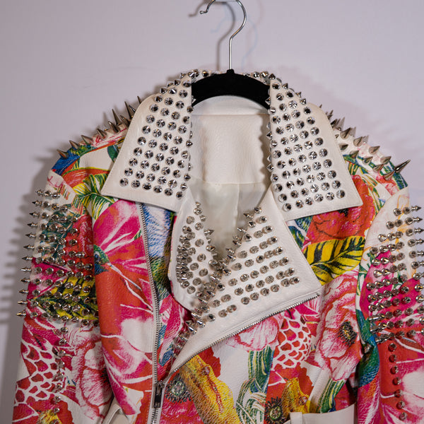 Boutique Brand Faux Vegan Leather Studded Embellished Floral Flower Jacket Small