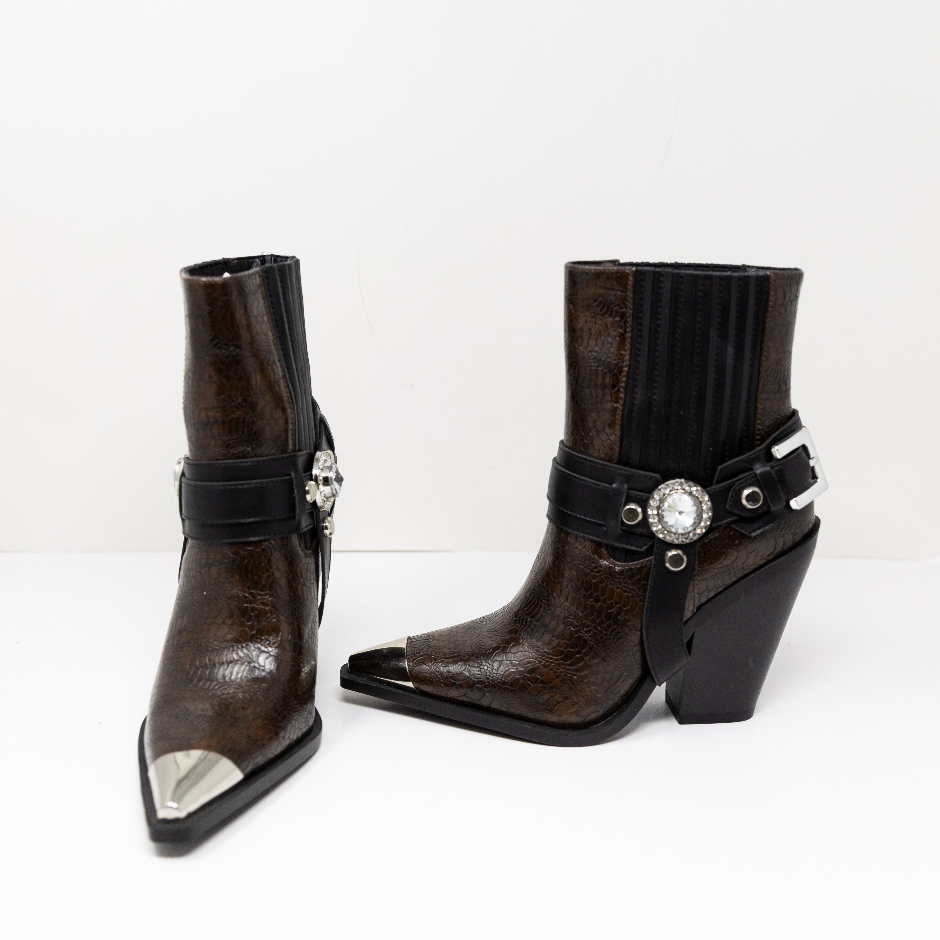 NEW Azalea Wang Lenkov Faux Vegan Leather Block Heel Western Booties Shoes Brown