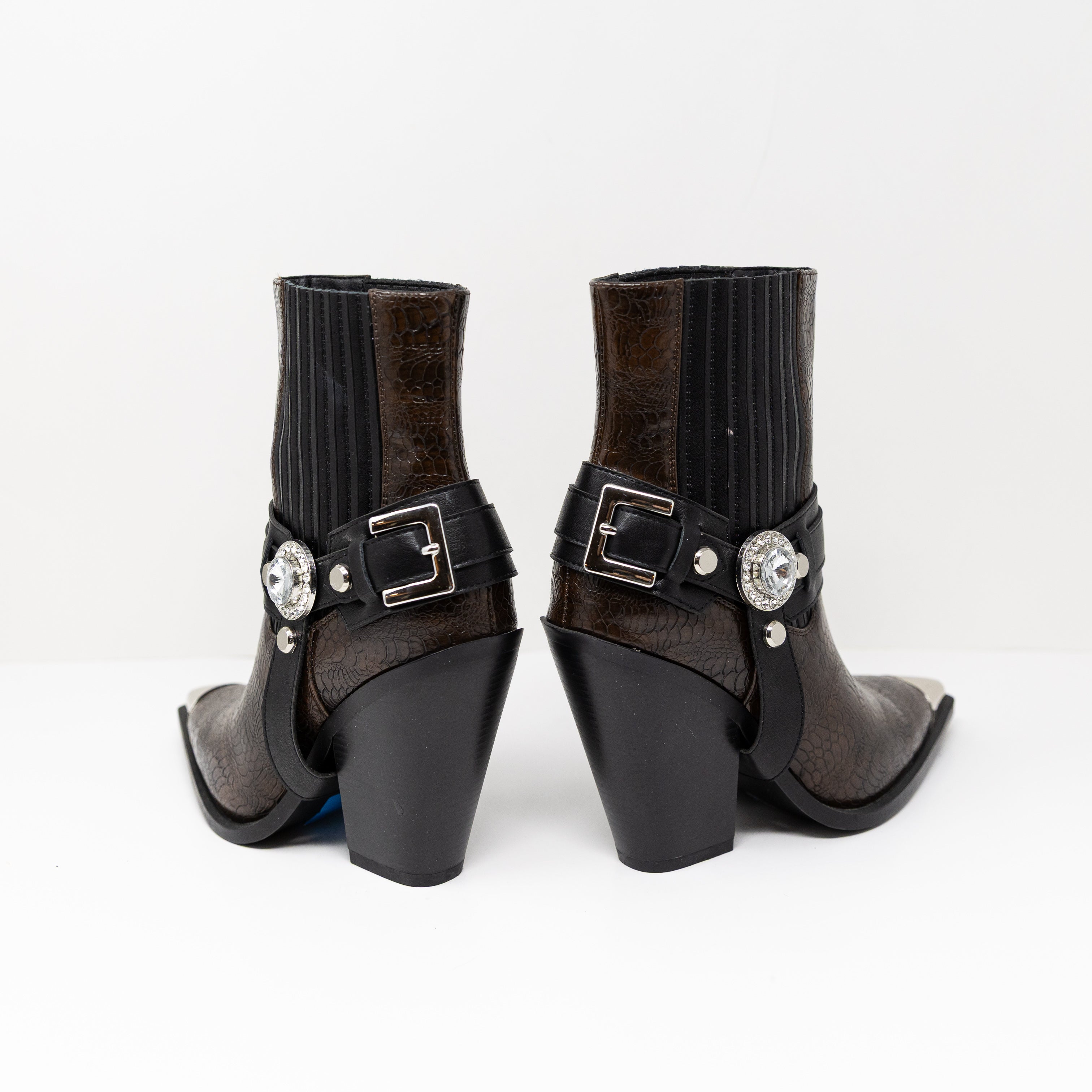 NEW Azalea Wang Lenkov Faux Vegan Leather Block Heel Western Booties Shoes Brown