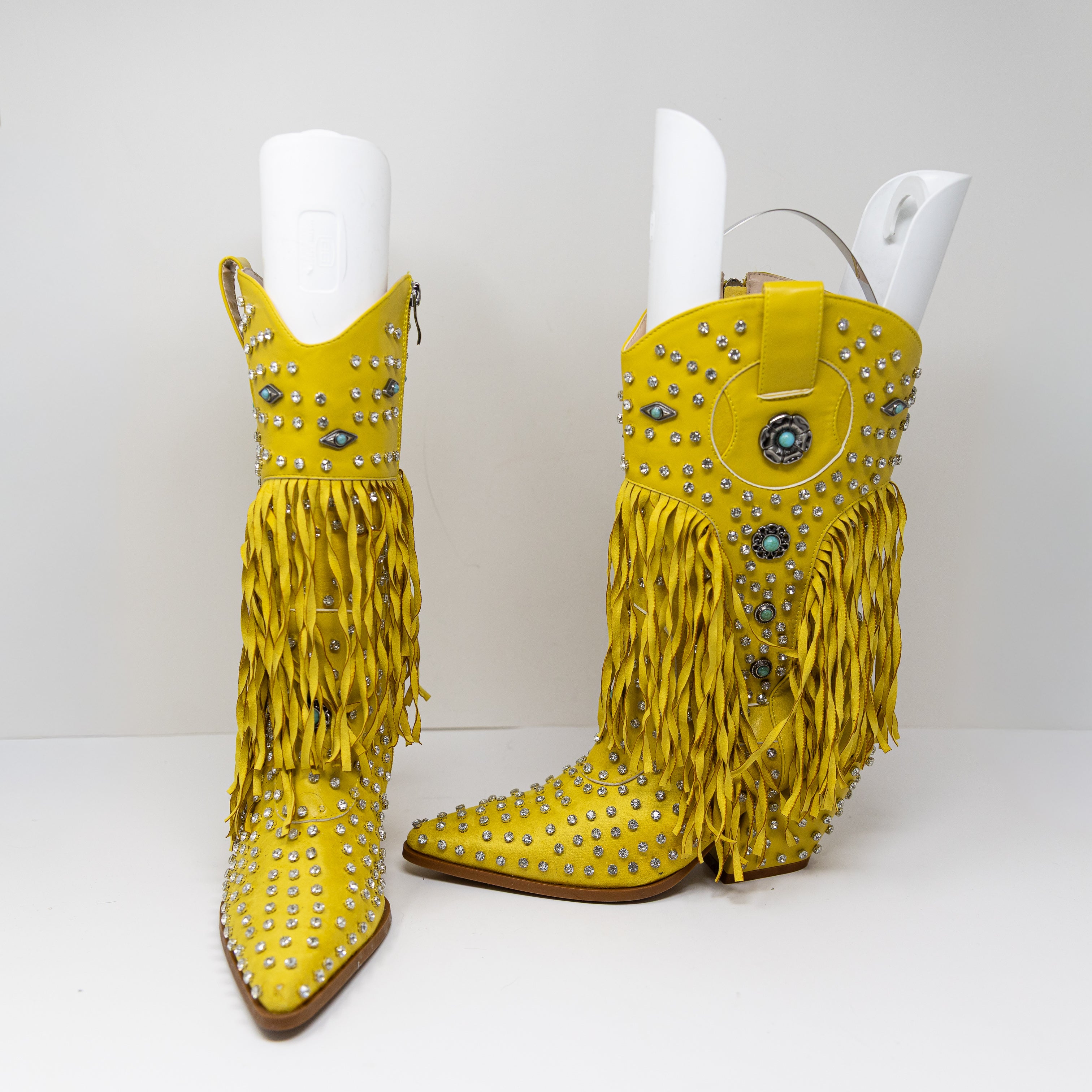 NEW Azalea Wang Greyson Faux Leather Rhinestone Embellished Fringe Boots Yellow