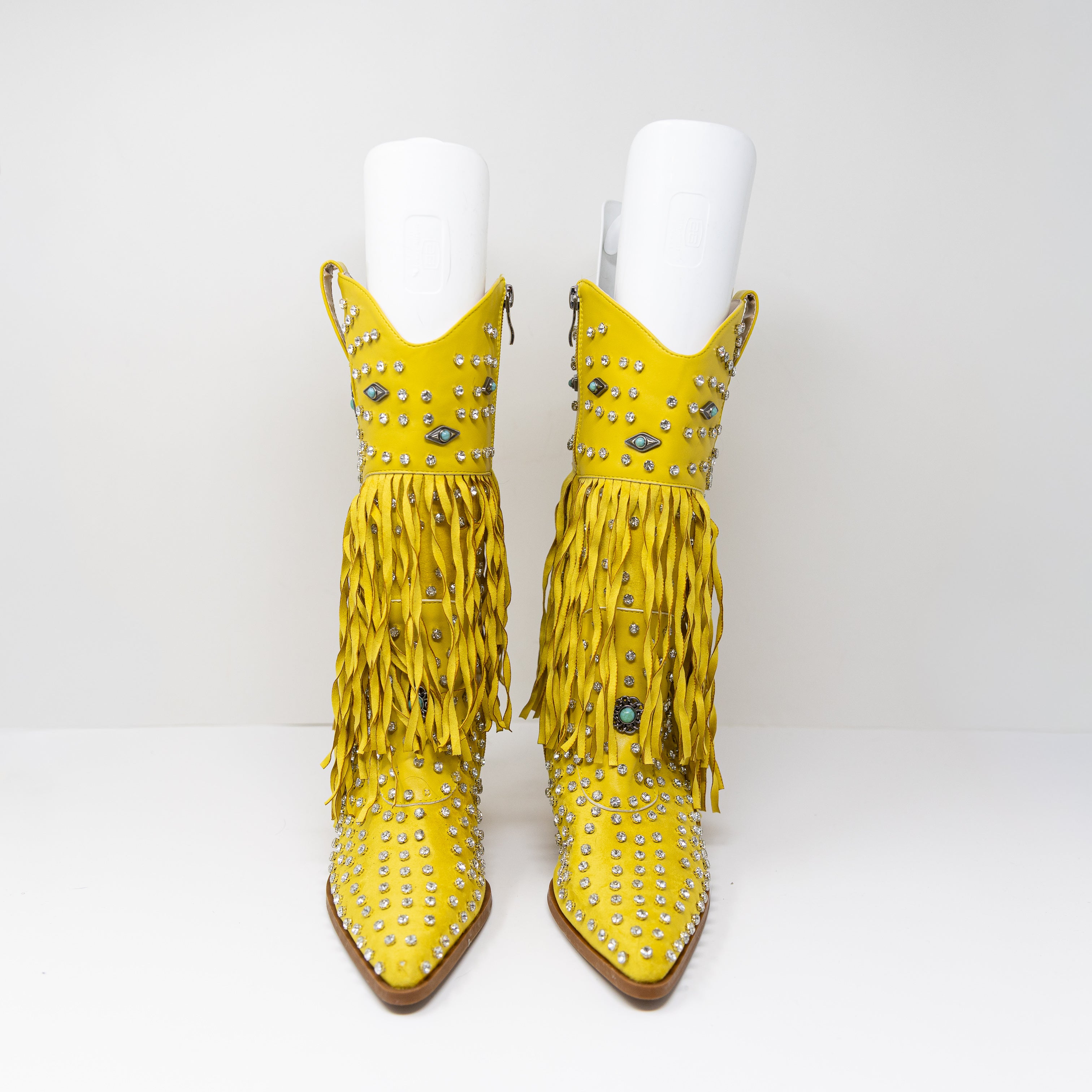 NEW Azalea Wang Greyson Faux Leather Rhinestone Embellished Fringe Boots Yellow