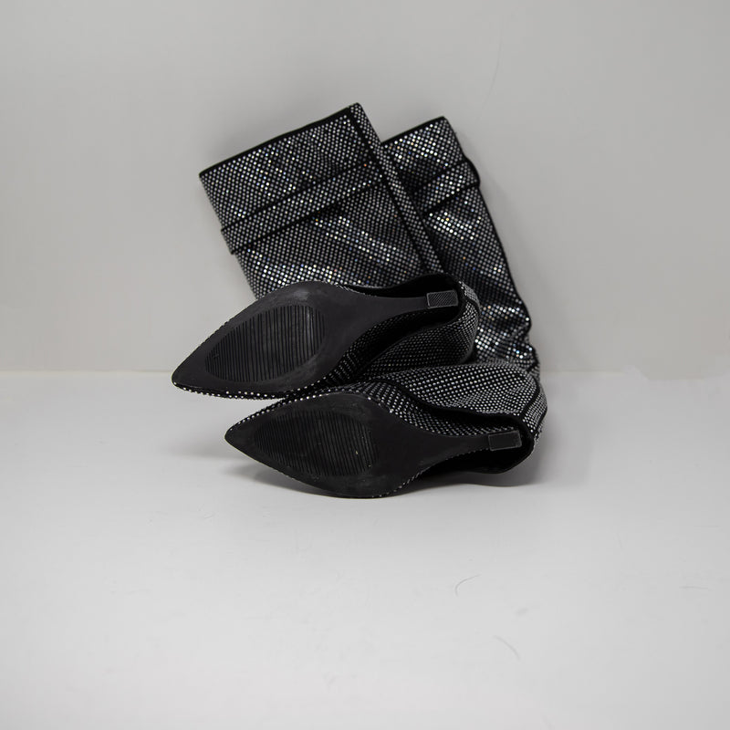 Azalea Wang Crystal Jewel Diamond Embellished Foldover Wedge Boots Shoes Black 7