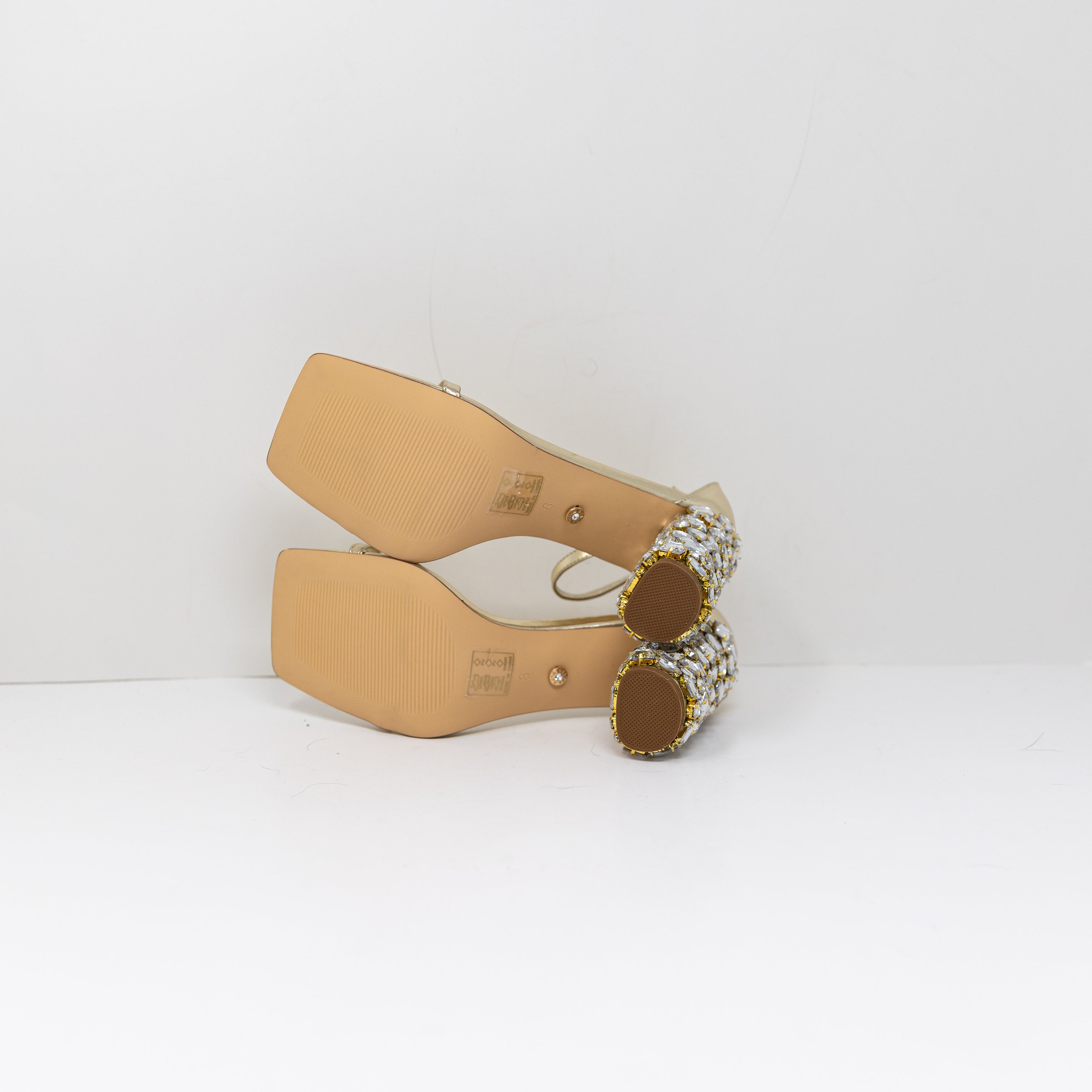 NEW Azalea Wang Bernelle Gold Rhinestone Crystal Diamond Block Heel Sandal Shoes