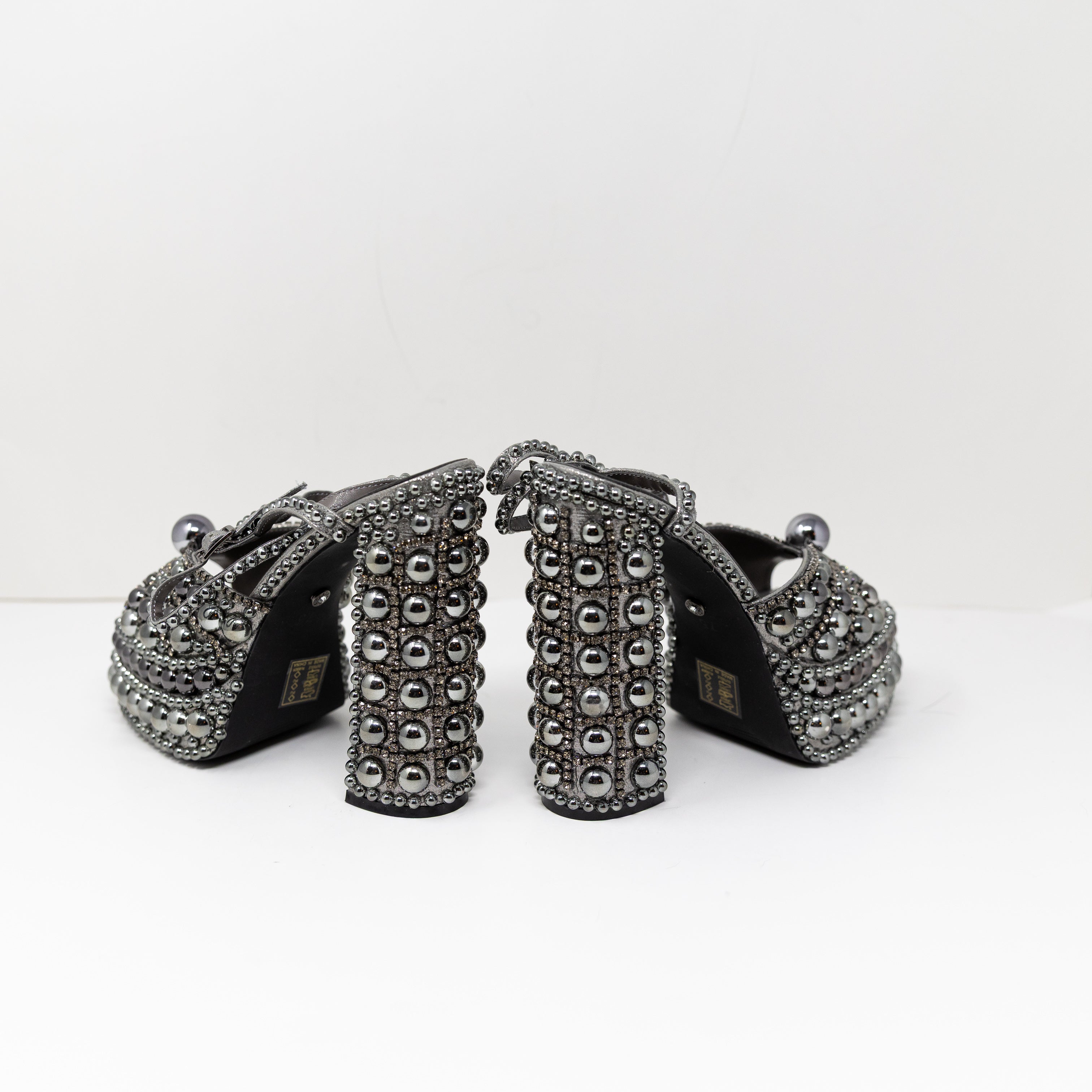 NEW Azalea Wang Astrella Beaded Studded Embellished Platform Heels Hematite