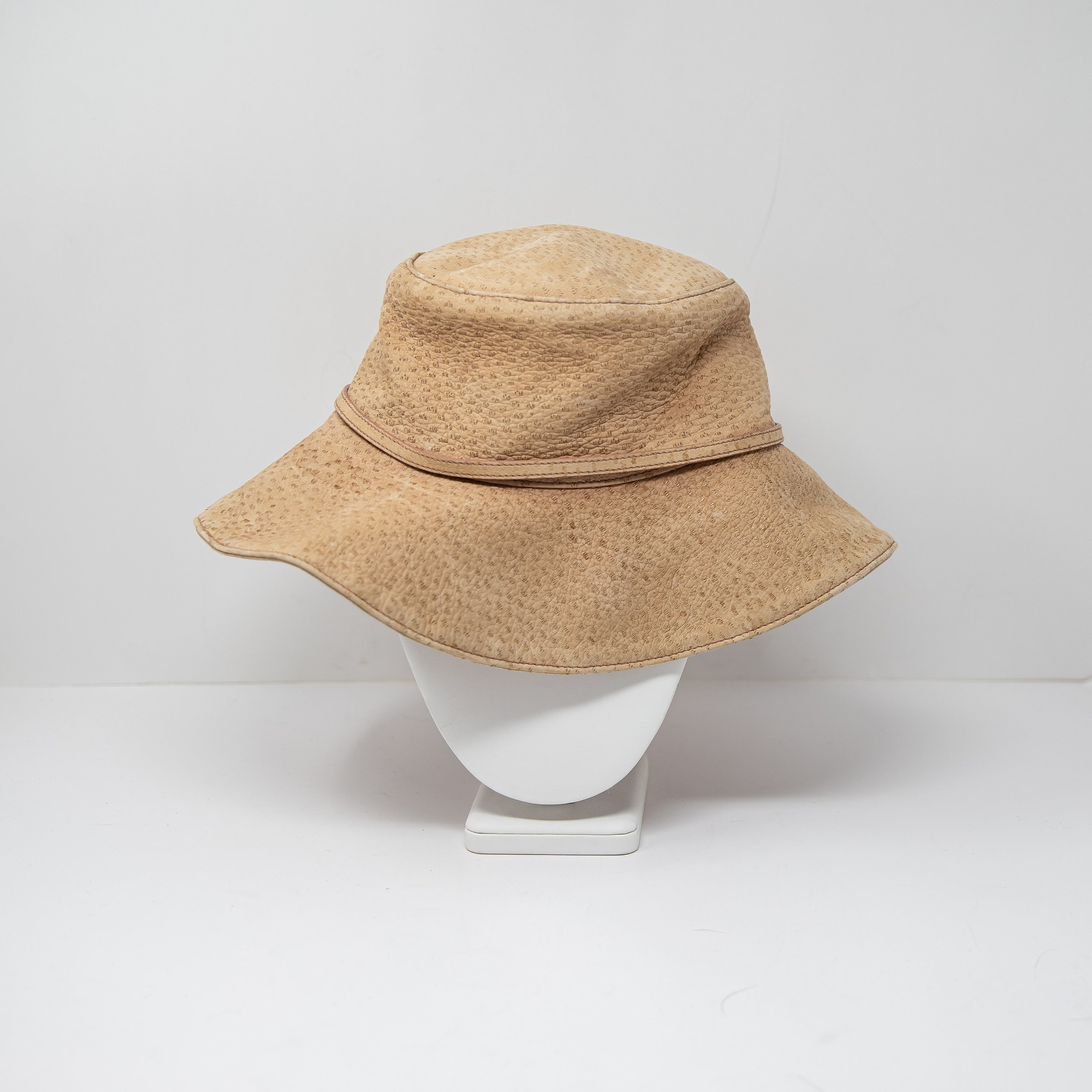 Prada Genuine Leather Textured Ribbon Bow Trim Bucket Sun Hat Neutral Beige M