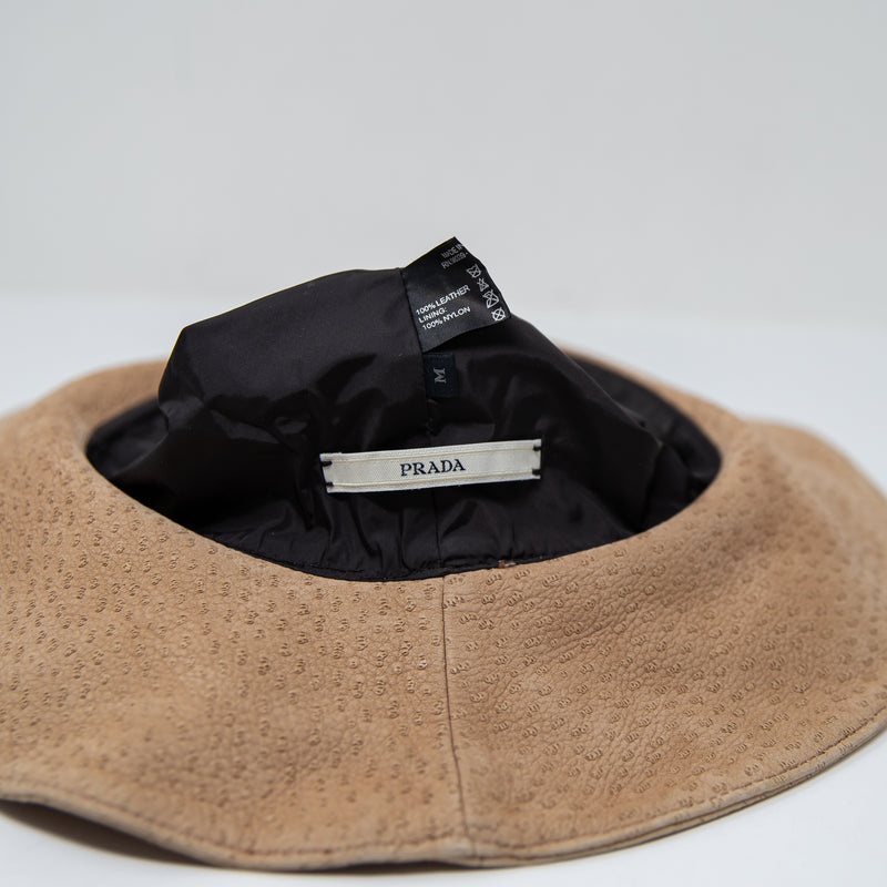 Prada Genuine Leather Textured Ribbon Bow Trim Bucket Sun Hat Neutral Beige M