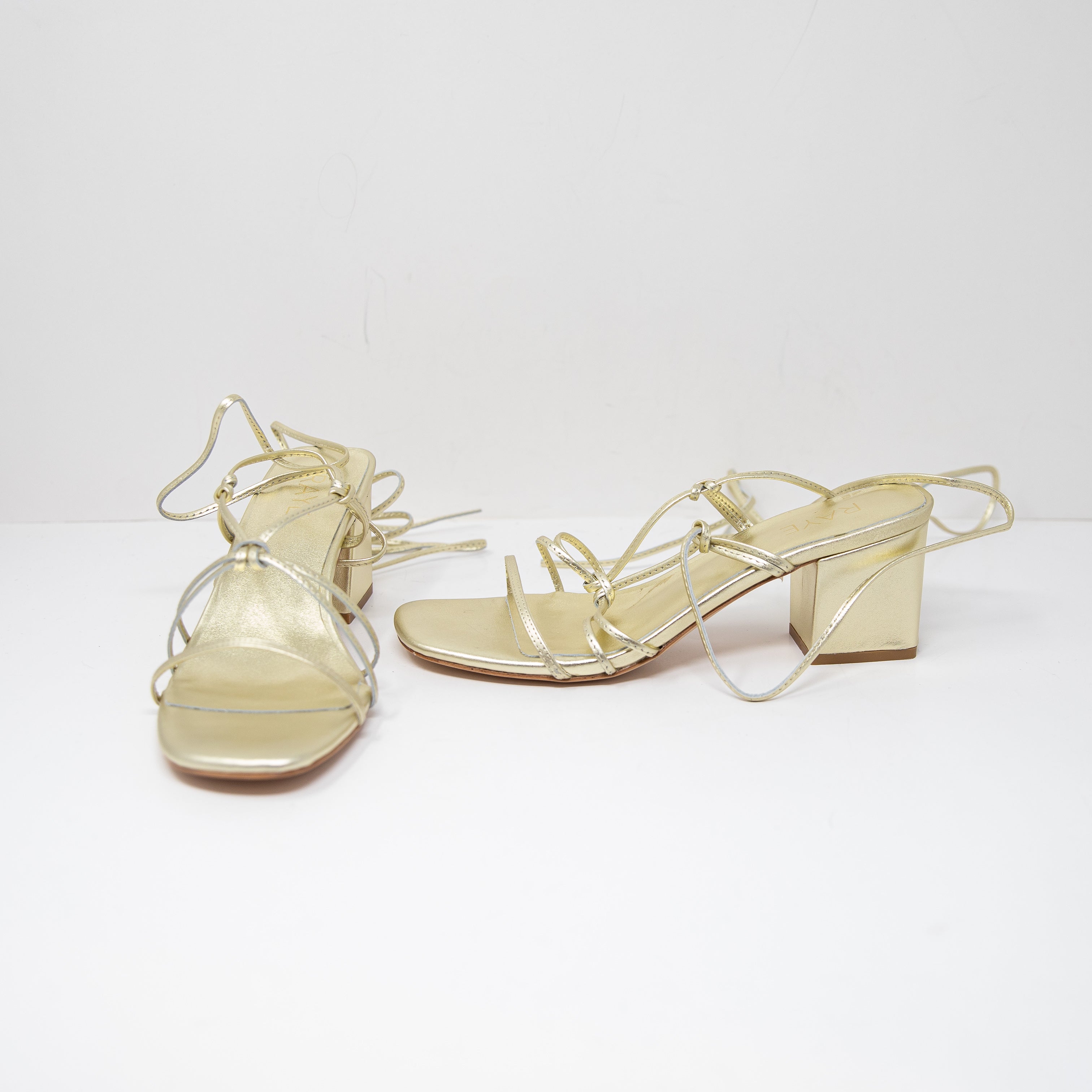 Raye Amal Metallic Gold Genuine Leather Lace Up Strappy Block High Heels Sandals