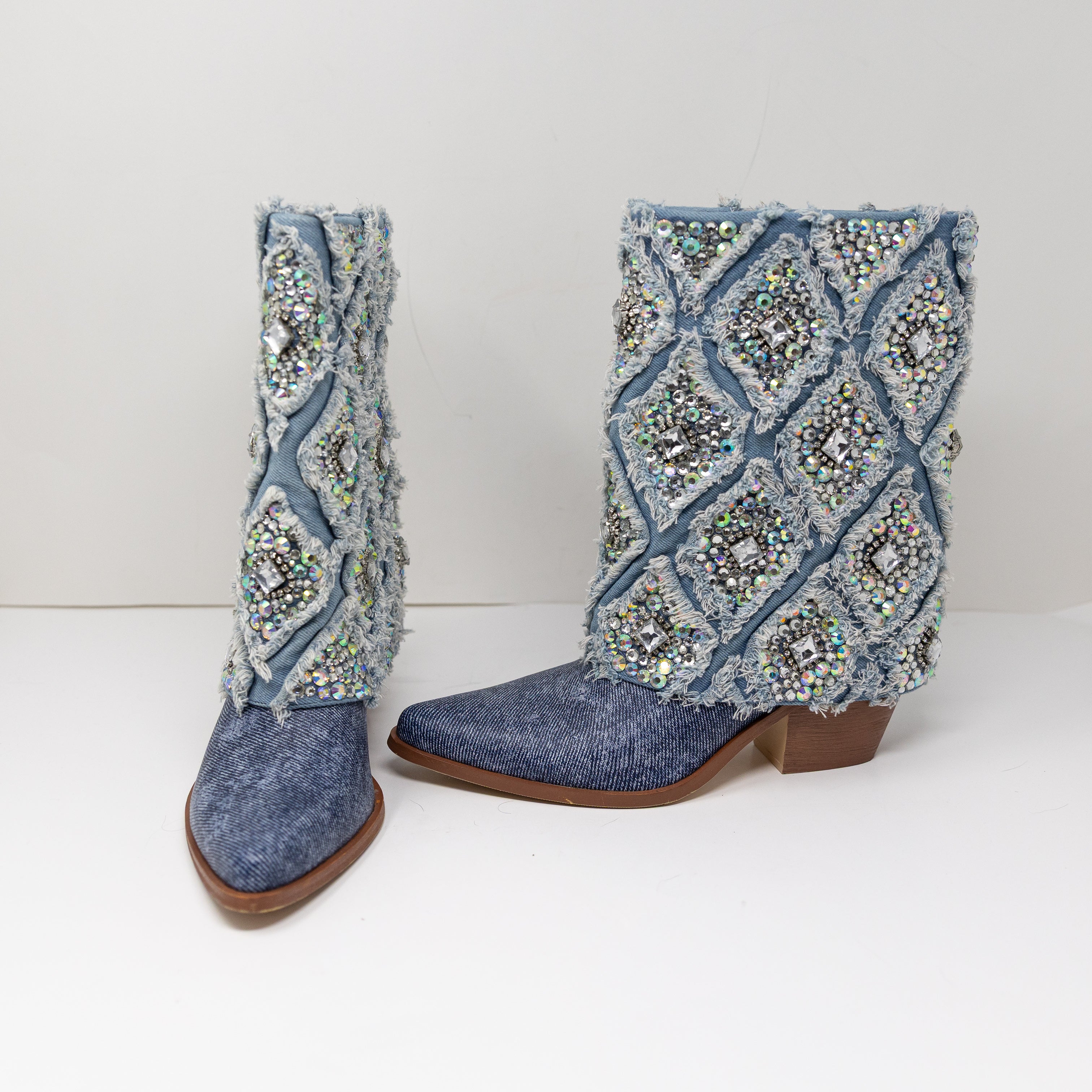 NEW Azalea Wang Stagecoach Embellished Crystal Rhinestone Denim Western Bootie 6