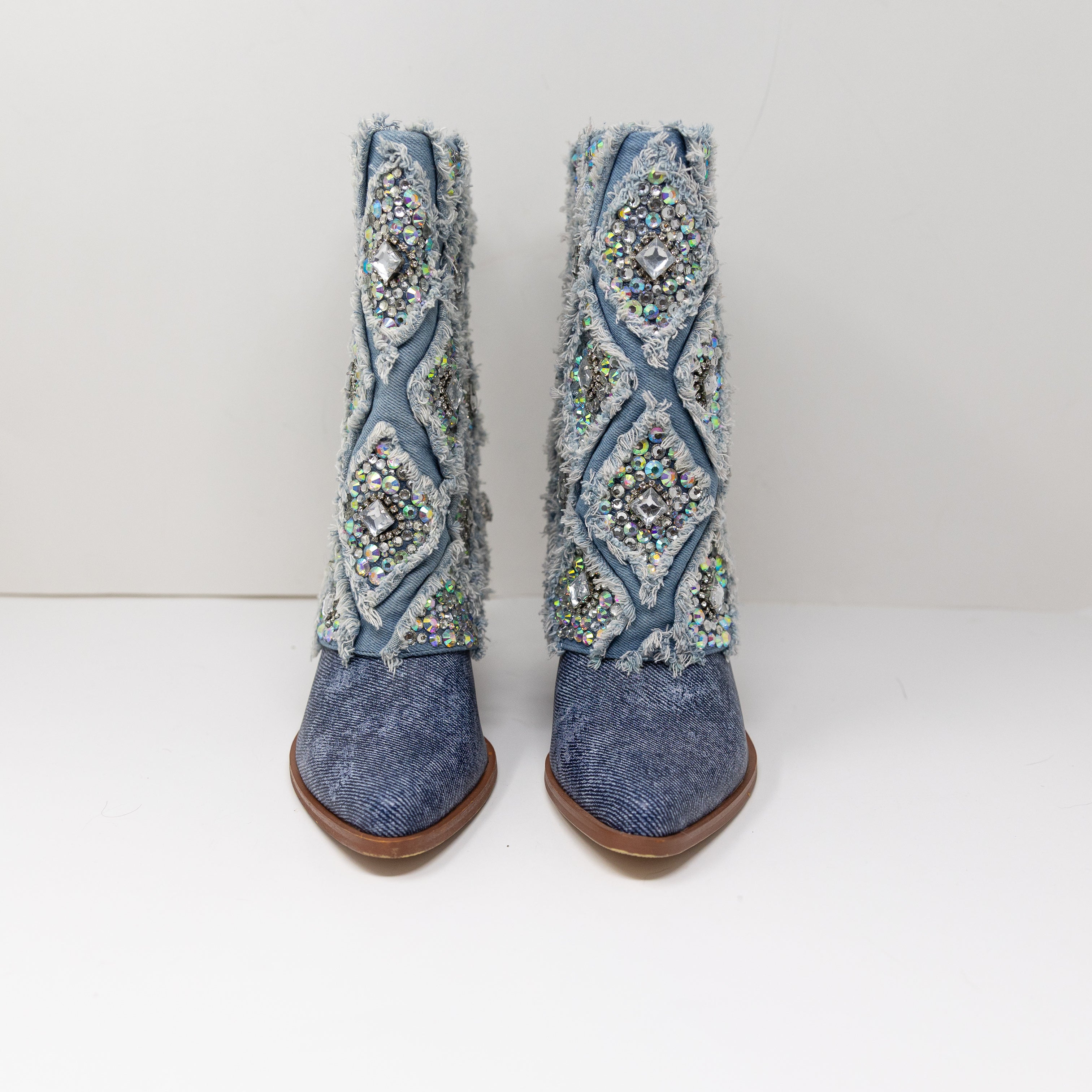NEW Azalea Wang Stagecoach Embellished Crystal Rhinestone Denim Western Bootie 6