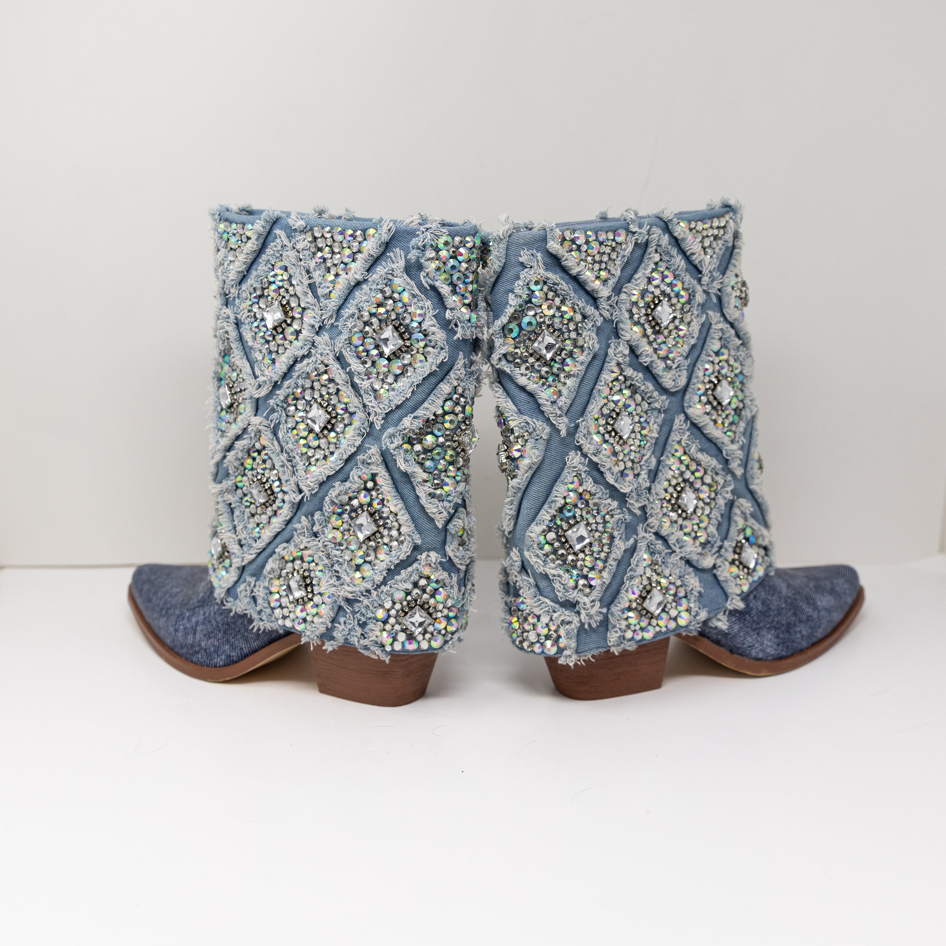 NEW Azalea Wang Stagecoach Embellished Crystal Rhinestone Denim Western Bootie 6