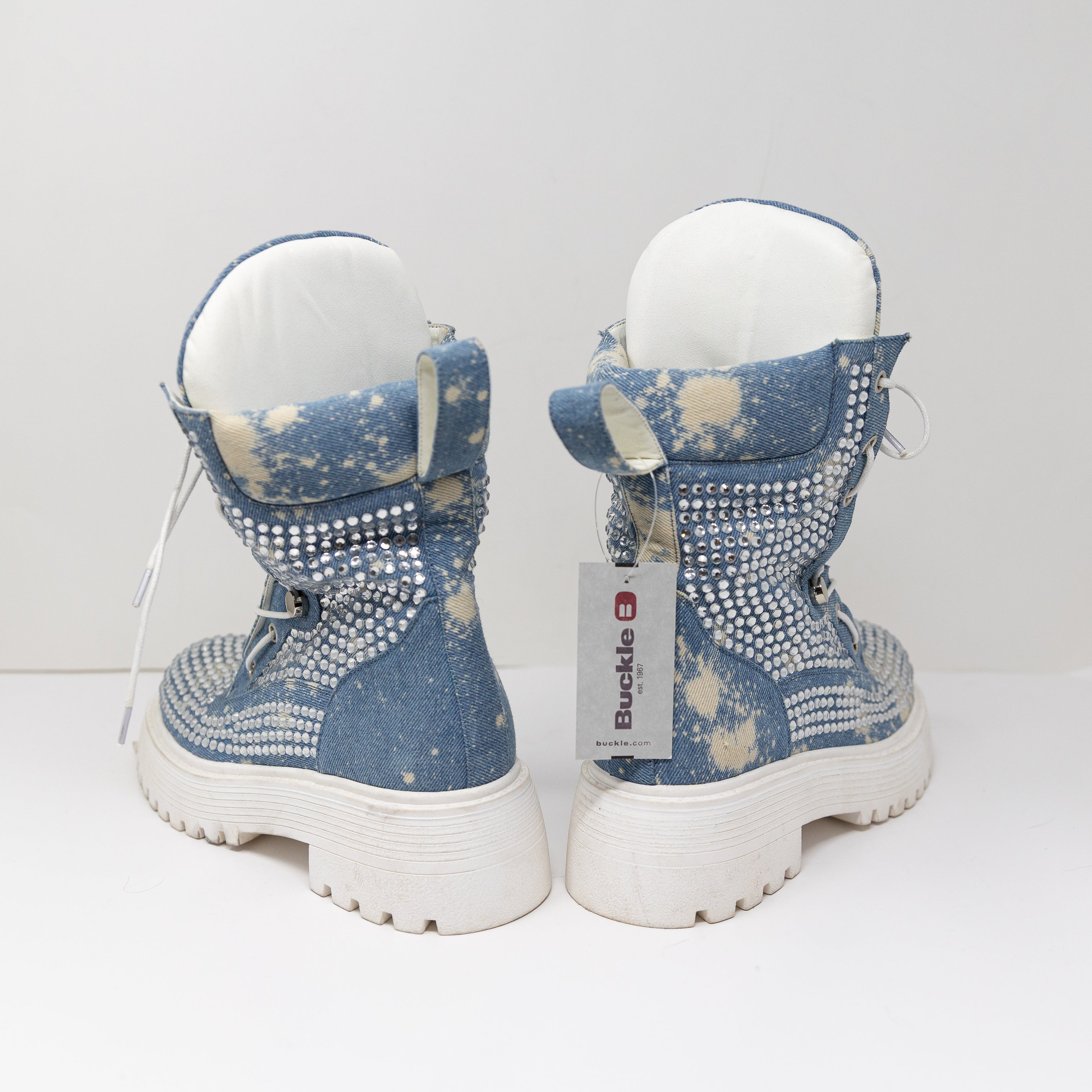 NEW Azalea Wang Harlyn Denim And Diamonds Crystal Embellished Combat Bootie Shoe