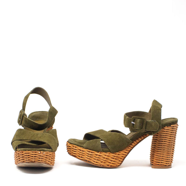 Jeffrey Campbell Amma 2W Genuine Suede Woven Wicker Sandals Heels Olive Suede