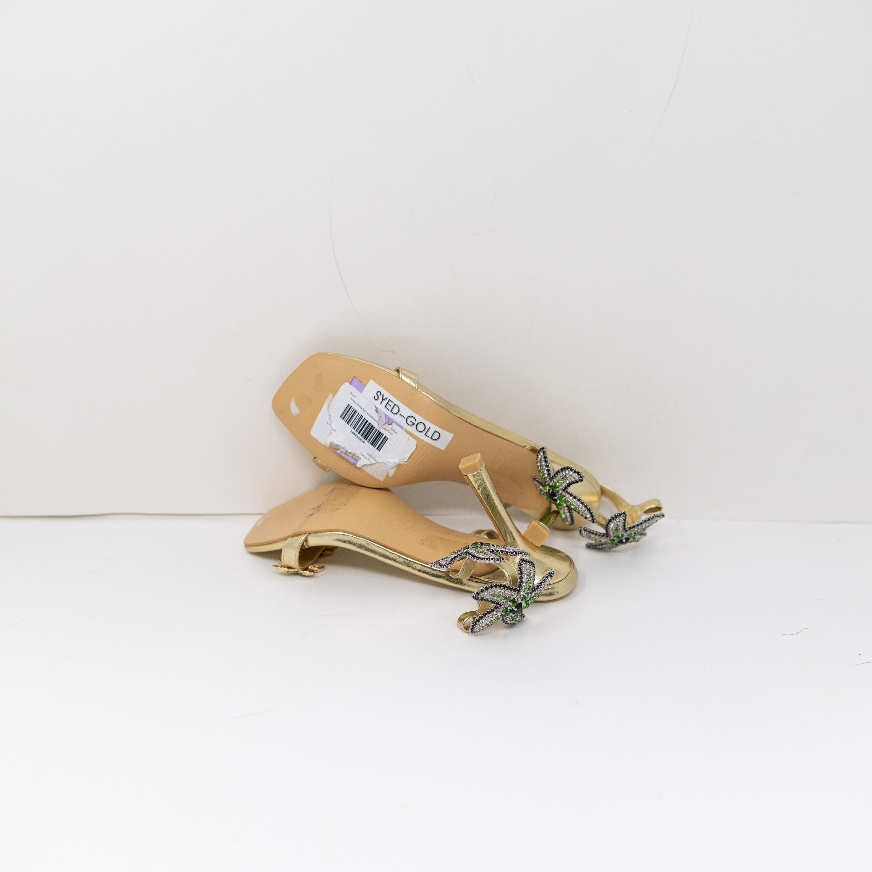 Azalea Wang Syed Gold Metallic Rhinestone Starfish Stiletto Sandals Heels Shoe 7