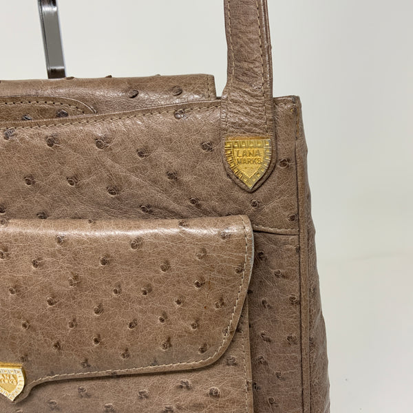 Lana Marks Genuine Ostrich Leather Textured Shoulder Purse Bag Tote Neutral Gold
