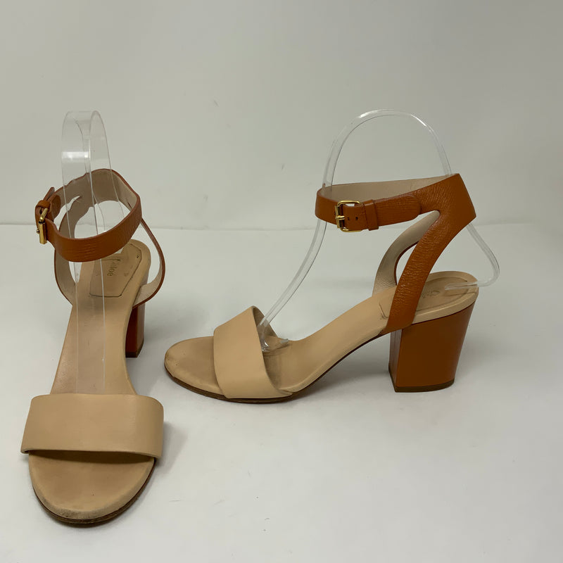 Chloe Genuine Leather Bicolor Ankle Strap Open Toe Sandals High Heels Shoes Tan