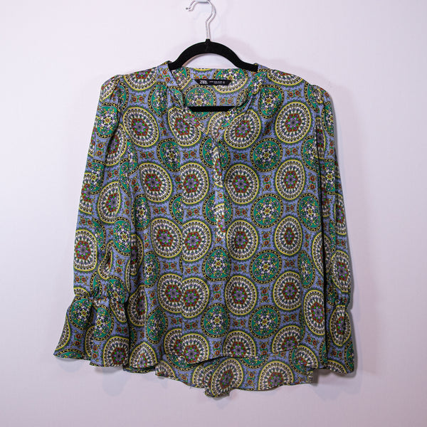 Zara Paisley Print Pattern Textured Satin Long Sleeve Button Front Blouse Shirt