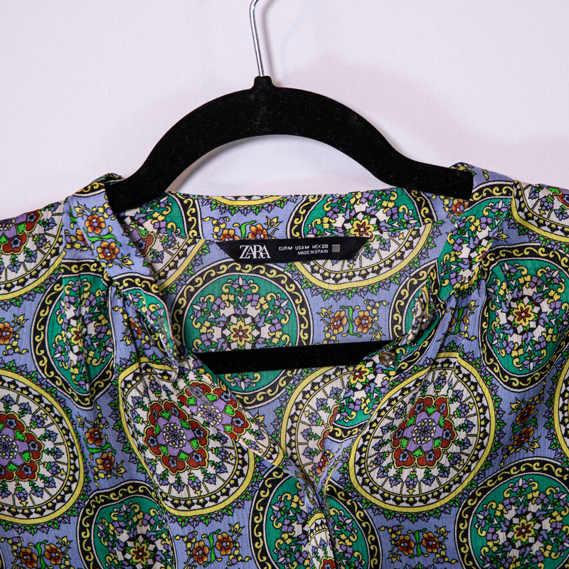 Zara Paisley Print Pattern Textured Satin Long Sleeve Button Front Blouse Shirt