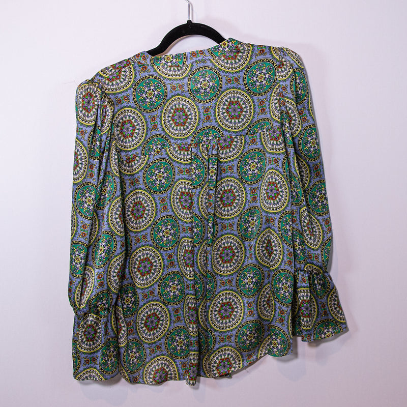 Zara Paisley Print Pattern Textured Satin Long Sleeve Button Front Blouse Shirt