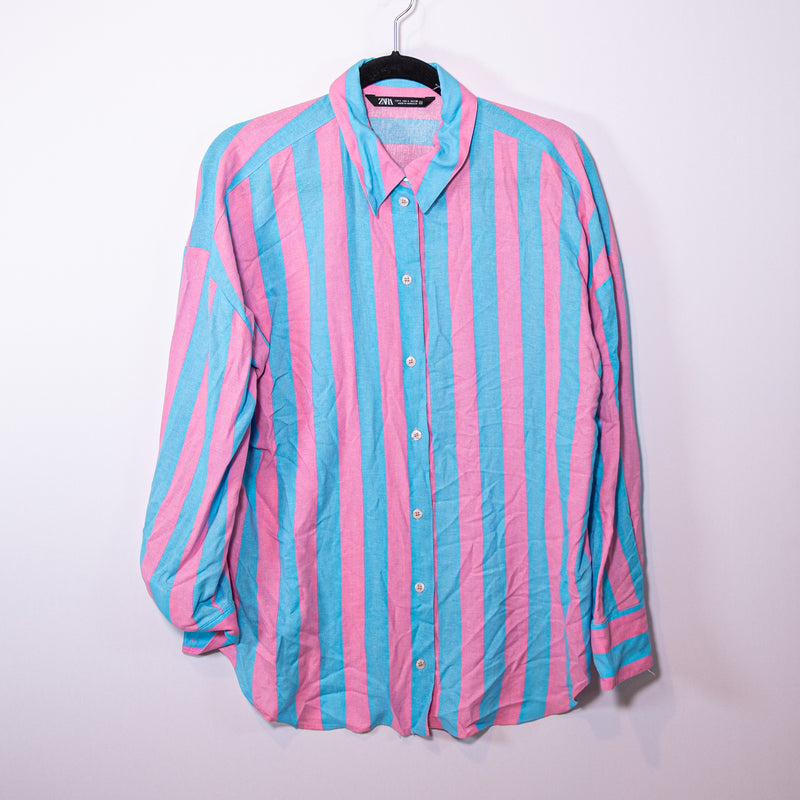 Zara Linen Blend Long Sleeve Collared Button Down Blue Pink Stripe Shirt Large