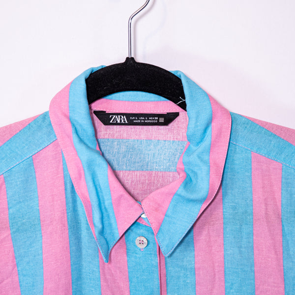 Zara Linen Blend Long Sleeve Collared Button Down Blue Pink Stripe Shirt Large