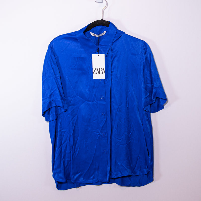 NEW Zara Satin Collared Short Sleeve Button Down Front Blouse Shirt Top Cobalt L