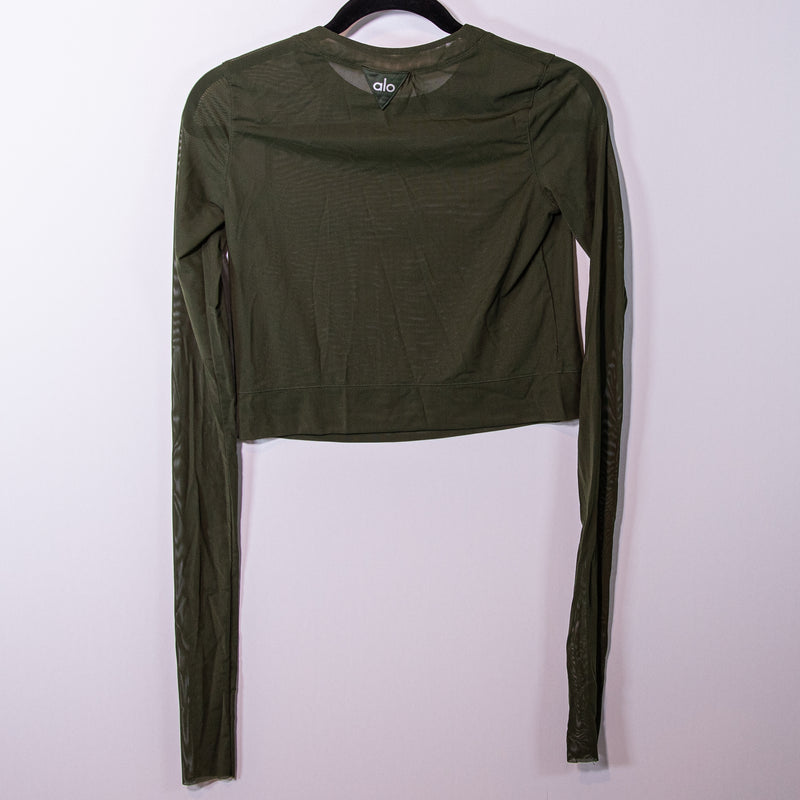 Alo Yoga Women's Semi Sheer Mesh Crew Neck Long Sleeve Tee Shirt Green Small