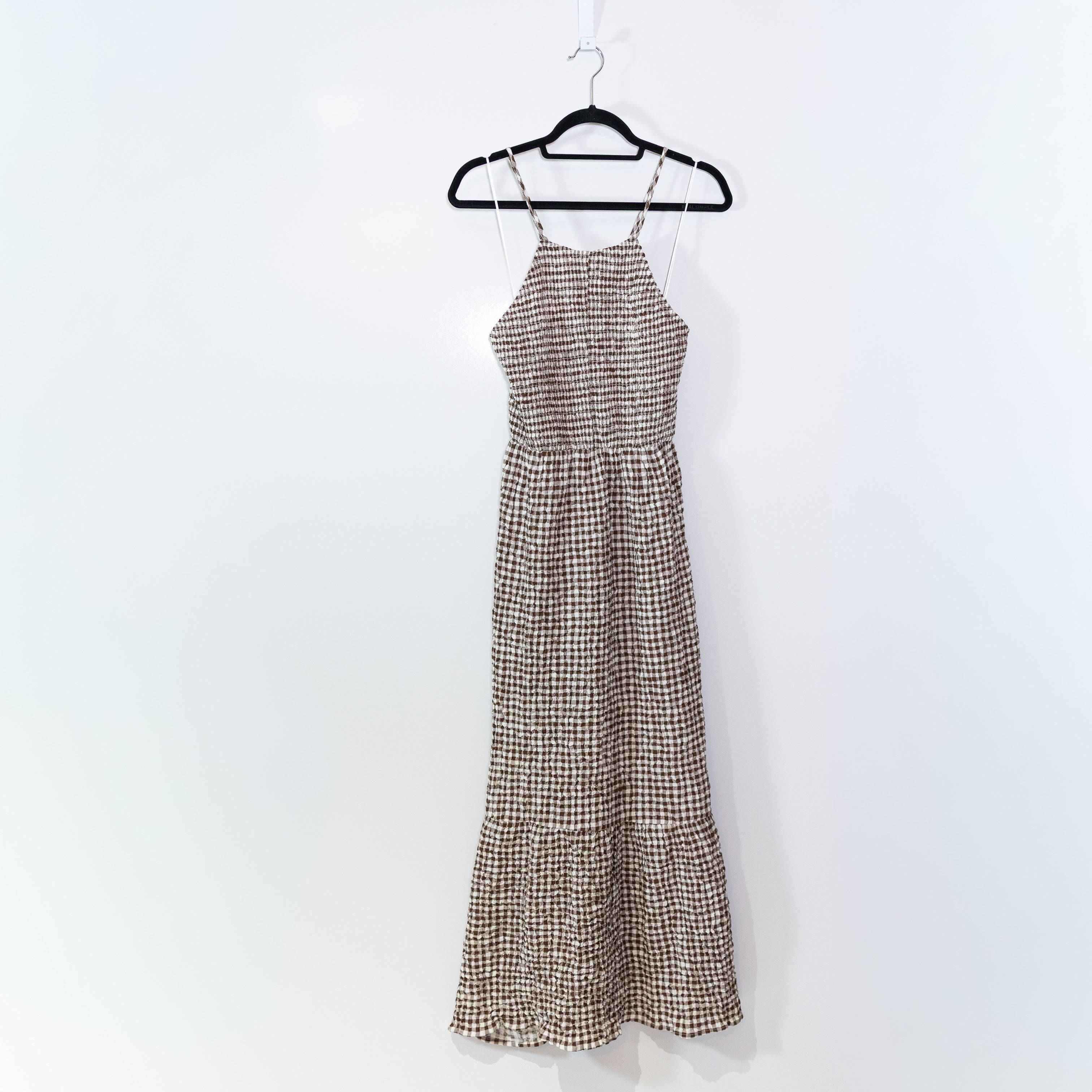 NEW Zara High Neck Brown White Gingham Check Print Smocked Tiered Maxi Dress XL