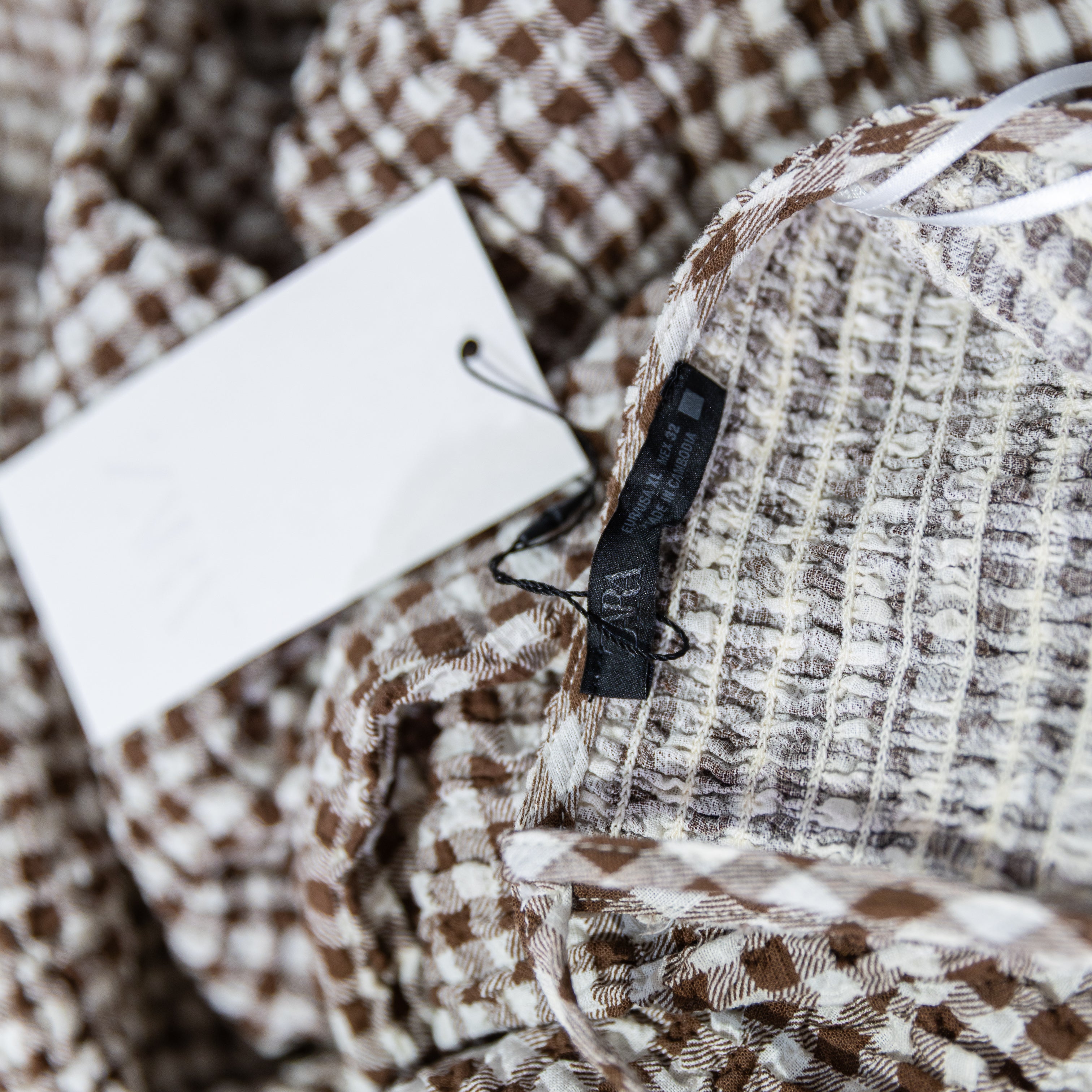 NEW Zara High Neck Brown White Gingham Check Print Smocked Tiered Maxi Dress XL