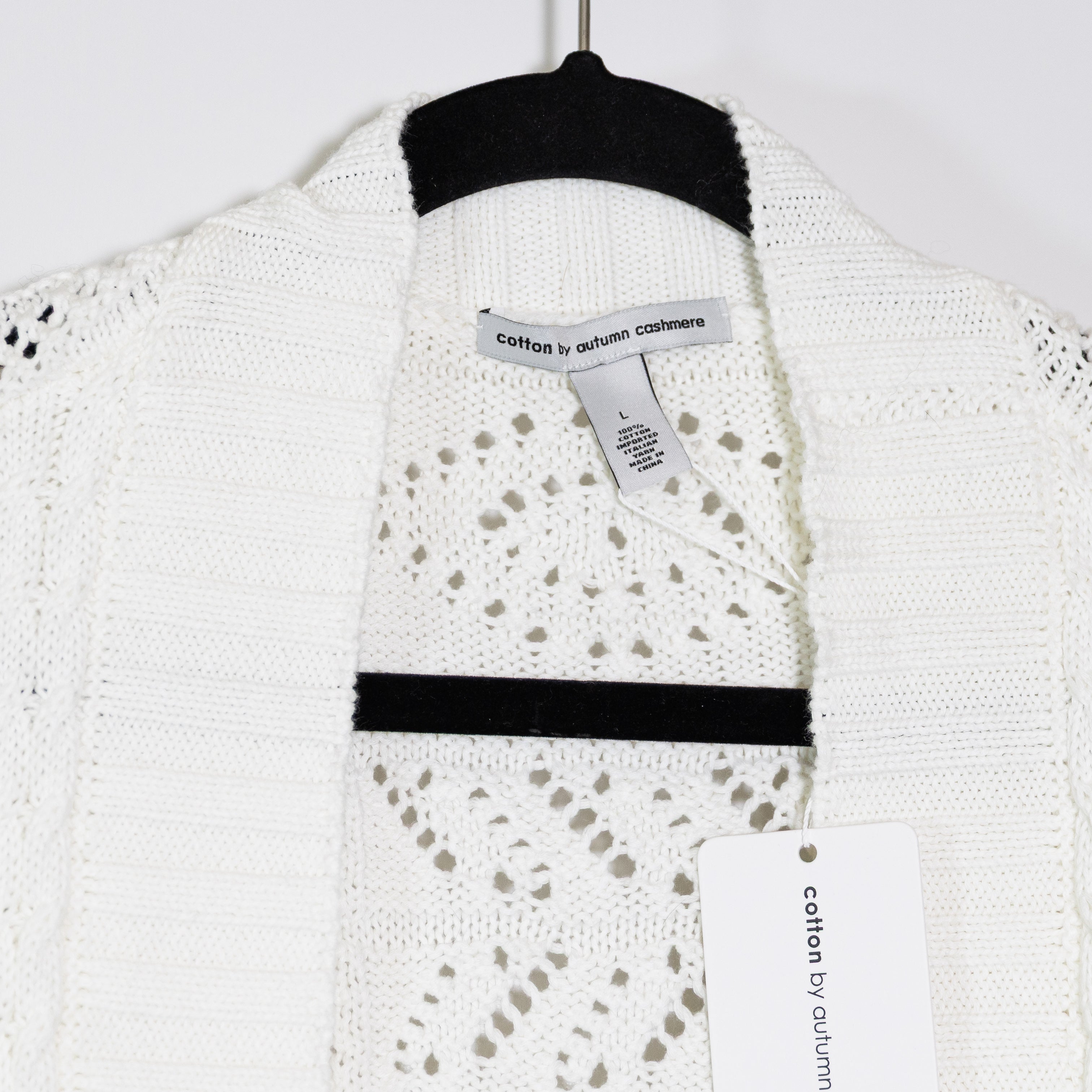 NEW Cotton By Autumn Cashmere Tile Stitch Knit Open Front Cardigan Duster White