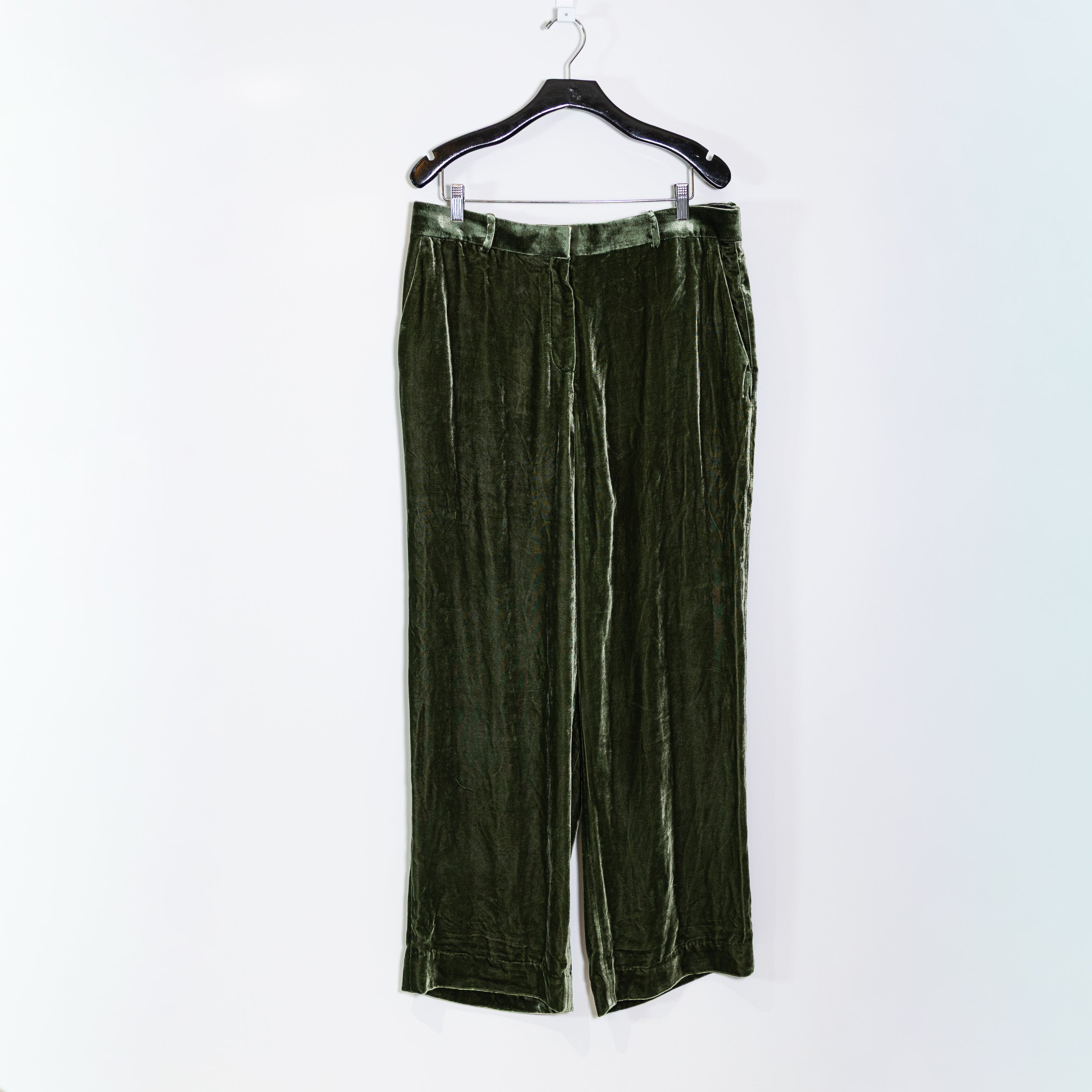NEW COS Silk Blend Velvet Velour Mid Rise Straight Leg Trouser Pants Green 14