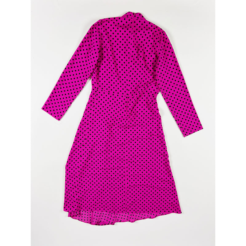 Ann Taylor Pink Black Polka Dot Print Pattern Mock Neck A Line Midi Dress Berry