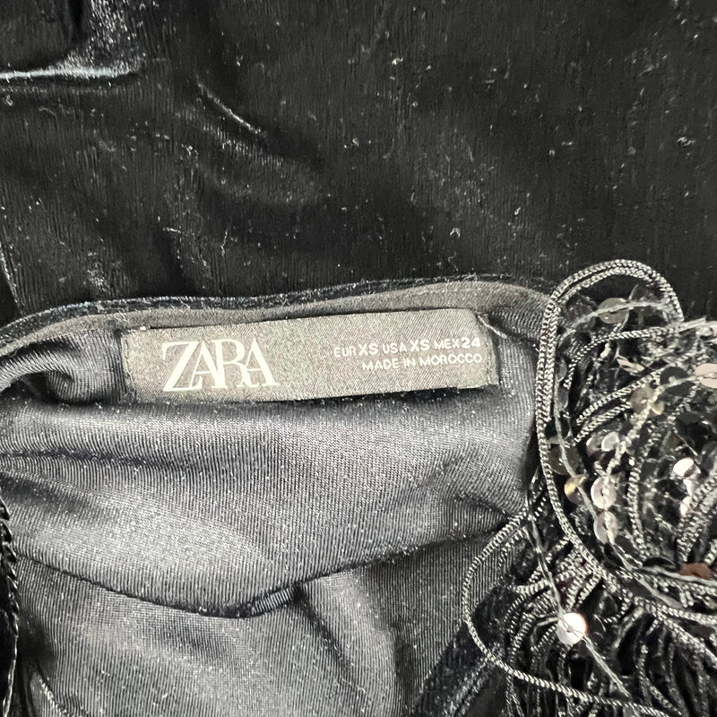 Zara Ruched Velvet Velour Sequin Fringe Shoulder Pad Bodycon Mini Dress Black XS
