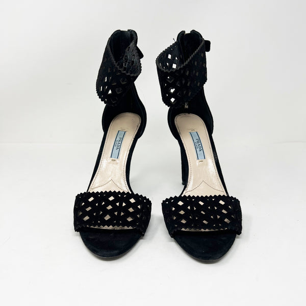 Prada Milano Genuine Suede Leather Laser Cut Perforated Ankle Strap High Heels