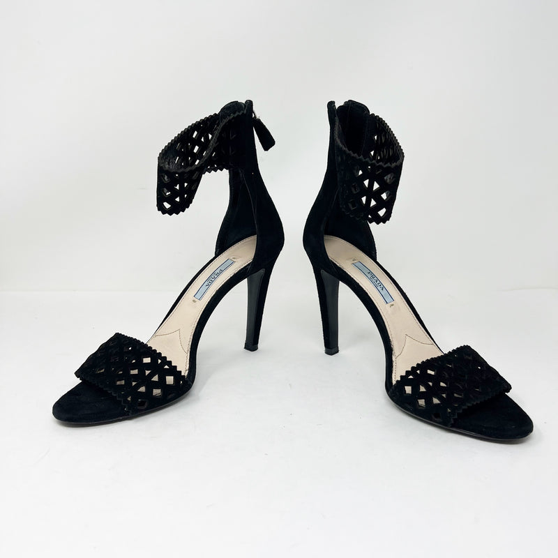 Prada Milano Genuine Suede Leather Laser Cut Perforated Ankle Strap High Heels