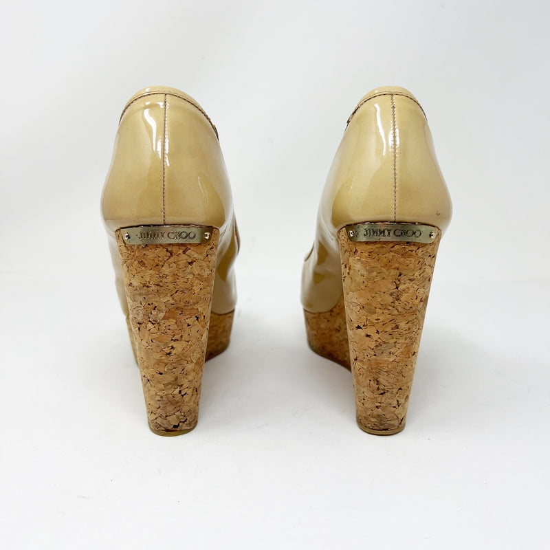 Jimmy Choo Papina Patent Leather Cork Wedge Platform Peep Toe High Heels Shoes