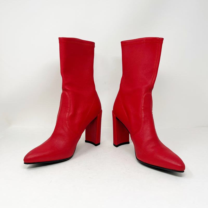 Stuart Weitzman Clinger Genuine Leather Block High Heel Ankle Booties Shoes Red