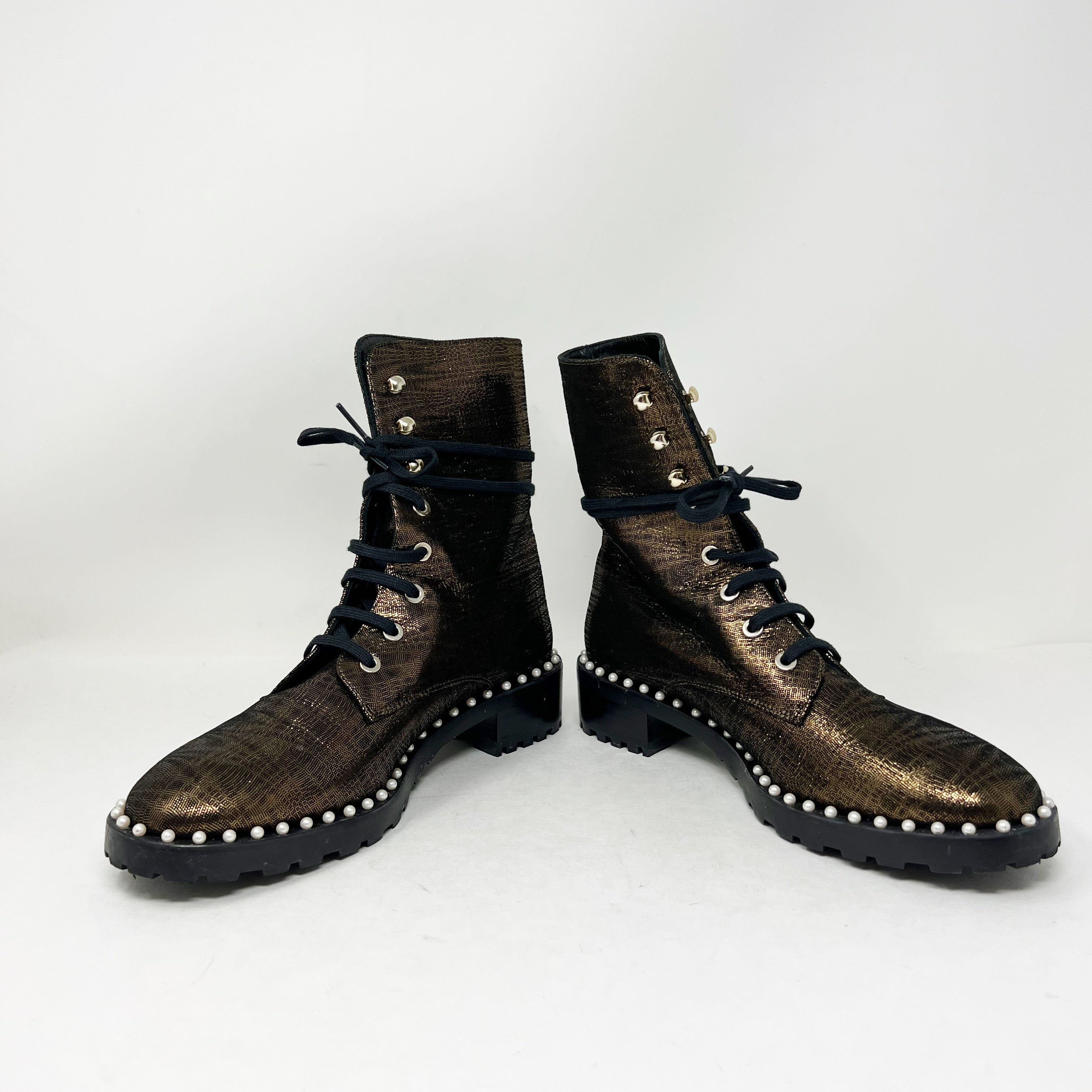 Stuart Weitzman Allie Bronze Metallic Gold Pearl Beaded Embellished Combat Boots